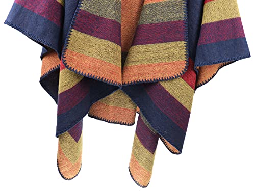 Shmily Girl - Womens Reversible Oversized Poncho Cape Blanket Shawl Cardigans (One Size, Stripe/Navy Blue)