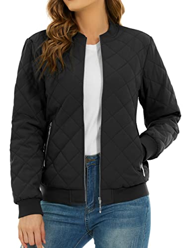 TACVASEN Womens Quilted Jacket Casual Padded Bomber Jacket with Pockets Military Jacket Windbreaker Full Zip Jackets,Black,S