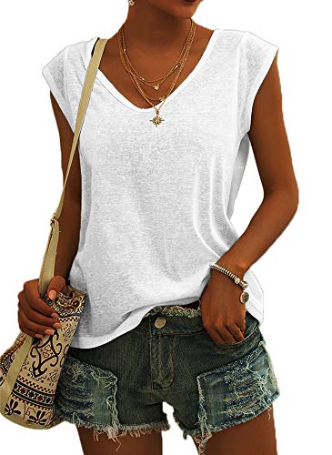 GeGekoko Womens Cap Sleeve Blouses T-Shirt Casual Loose Fit Basic Shirts Tank Tops White