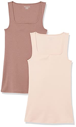 Amazon Essentials Women's Slim Fit Square Neck Tank, Pack of 2, Light Beige/Dark Taupe, L