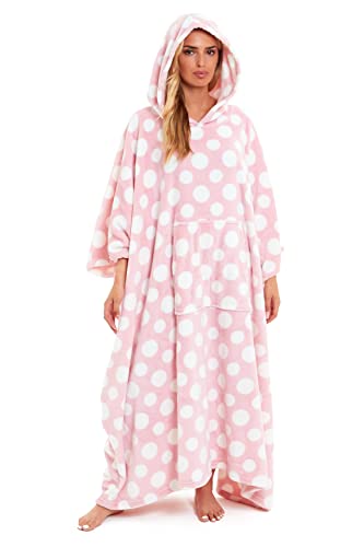 Daisy Dreamer Womens Hooded Poncho Designer Soft Fleece Lounge Wear Blanket Top One Size (Polka Dot Pink, One Size)