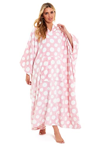 Daisy Dreamer Womens Hooded Poncho Designer Soft Fleece Lounge Wear Blanket Top One Size (Polka Dot Pink, One Size)