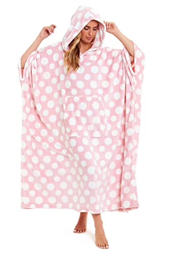 Daisy Dreamer Womens Hooded Poncho Designer Soft Fleece Lounge Wear Blanket Top One Size (Polka Dot Pink, One Size)