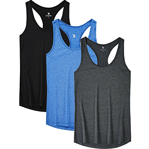 JINSHI Women's Long Vest Tops 3-Pack Performance Stretchy Cool Dry Sports Running Gym Racer Back YogaTank Tops (Black/Blue/Granite Grey) UK Size XL