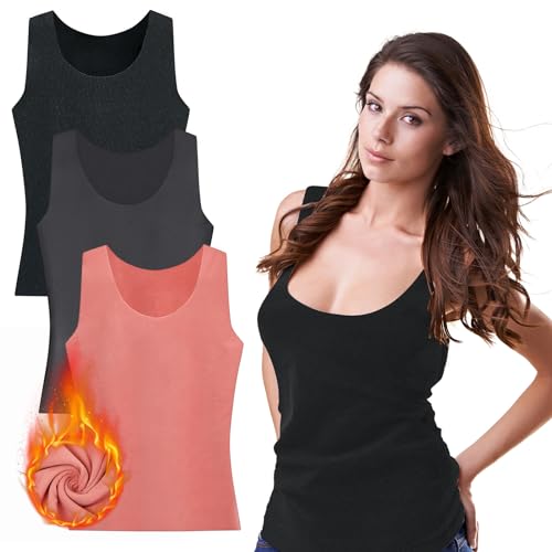 SATINIOR 3 Pcs Women's Thermal Sleeveless Vest Top Ladies Base Layer Tank Top Camisole Women Warm Winter Underwear, Black Gray Pink (M Size)