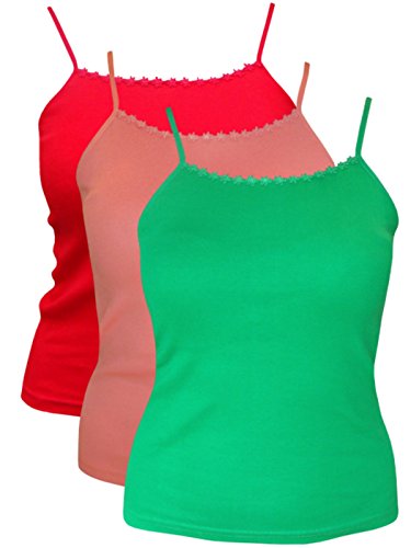3X Pack of Ladies Plain Summer Strappy Vest Tops with Daisy Trim/UK 8-10 up to UK 18-20 (Medium - UK 12-14, Assorted Colours)