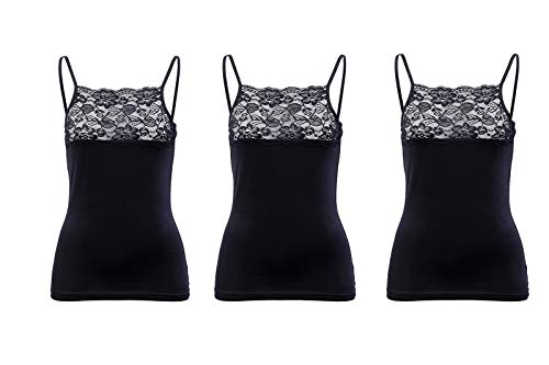 Maria Angel Pack of 3 Ladies Plain Cotton Vest Top Lace Trim Neck Design Cami Strappy Camisole 5010 (Large, Black)