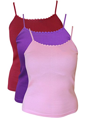 3X Pack of Ladies Plain Summer Strappy Vest Tops with Daisy Trim/UK 8-10 up to UK 18-20 (Medium - UK 12-14, Assorted Colours)