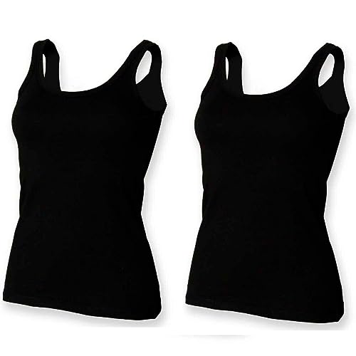 Ladies WomenBlack, White Cotton Vest Women Plain Summer Stretchy Casual Tank Top T Shirt | Size 6-24 (12, Black (Set of 2))