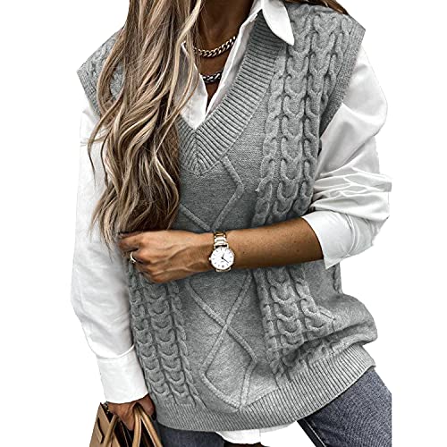 Voqeen Womens Sweater Vest Sleeveless Pullover Jumpers Knitted V Neck Stylish Loose Knitwear Tank Tops for Modern Ladies Girls Grey