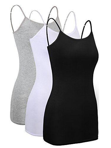 3 Pieces Women Basic Long Tanks Adjustable Spaghetti Strap Camisole Top (Large, Grey, White and Black)