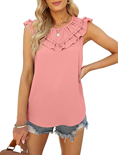 Aokosor Vest for Womens Summer Top Ladies Ruffle Neck Chiffon Sleeveless Tank Coral Pink Size 14-16