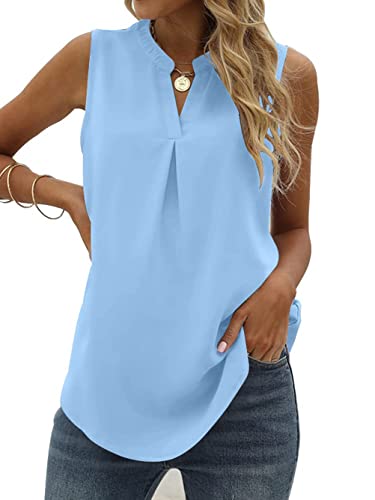 Famulily Summer Casual Sleeveless Tops Vest for Women Pleated Comfy Chiffon Tank Tops Ladies Blue XXL