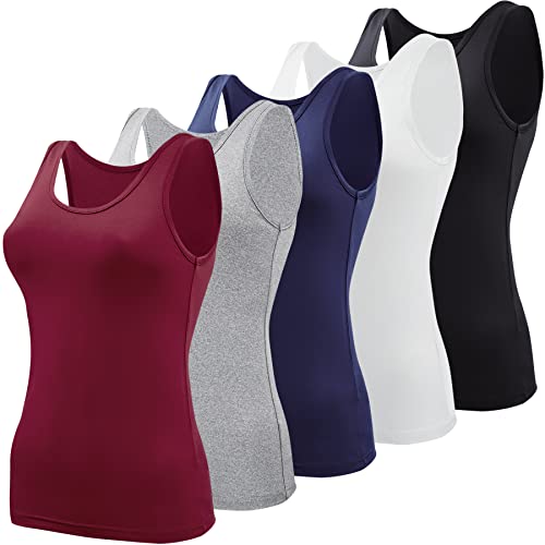 BQTQ 5 Pcs Tank Tops for Women Undershirt Sleeveless Vest Tops for Women and Girls (Black, White, Grey, Dark Red, Navy, L)