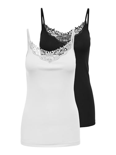 ONLY Women's Kira Lace Singlet 2 Pack Vest, Black (Black Pack: Black and White), L UK