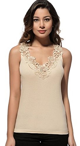 MARIA ANGEL LINGERIE Ladies Plain Cotton Wide Strap Vest Top Lace Trim Neck Design Cami Tank Camisole (UK, Numeric, 10, 12, Regular, Regular, Beige)