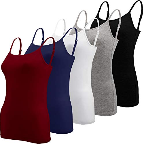 BQTQ 5 Pieces Basic Camisole Adjustable Strap Vest Top for Women and Girl, Black, White, Grey, Dark Grey, M