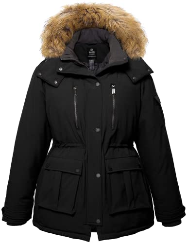 Wantdo Women's Plus Size Winter Coat Water-Repllent Puffer Jacket Warm Thicken Parka Overcoat with Removable Fur Hood Black 24-26