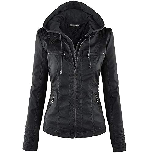 Newbestyle Women's Spring And Autumn Hooded Faux Leather Jacket Hat Detachable Zipper Jacket Motorcyle Jacket Black