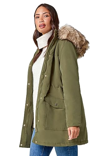 Roman Originals Coat with Faux Fur Hood for Women UK Ladies Autumn Jacket Winter Parka Waterproof Rainproof Windproof Lined Fitted Casual Smart Hooded Zip Up Padded Quilted - Khaki Beige Fur - Size 14