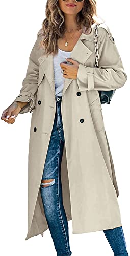 Women Casual Long Trench Windproof Coat with Belt Solid Colour Double-Breasted Lapel Collar Windbreaker Jacket Spring Autumn Coat S-2XL (Khaki, S)