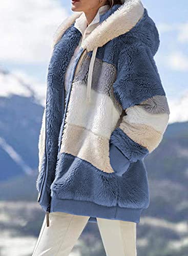 Dokotoo Womens Winter Warm Sherpa Jacket Color Block Zipper Outwear Coats Open Patchwork Hood Cardigan Blue XX-Large, UK Size 20-22