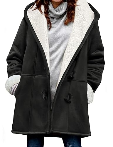 Vancavoo Winter Hoodie for Women Faux Suede Shearling Coat Sherpa Fleece Lined Thicken Thermal Long Hoodies Warm Overcoat Sheepskin Buckle Casual Plush Cardigans with Pockets(Black,M)