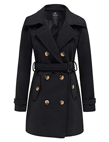 Wantdo Women's Double Breasted Warm Coat Blend Pea Coat Winter Mid-Length Warm Coat Elegent Belted Slim Fit Outercoats Black M