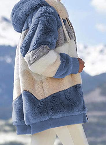 Dokotoo Womens Winter Warm Sherpa Jacket Color Block Zipper Outwear Coats Open Patchwork Hood Cardigan Blue XX-Large, UK Size 20-22