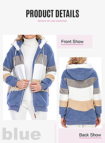 Dokotoo Womens Winter Warm Sherpa Jacket Color Block Zipper Outwear Coats Open Patchwork Hood Cardigan Blue XX-Large, UK Size 20-22