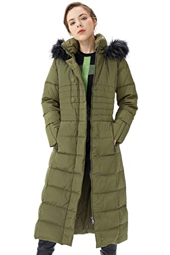 Orolay Women's Winter Long Down Jacket with Fur Hood Raglan Sleeve Coat Quilted Comfort Jacket Armygreen L