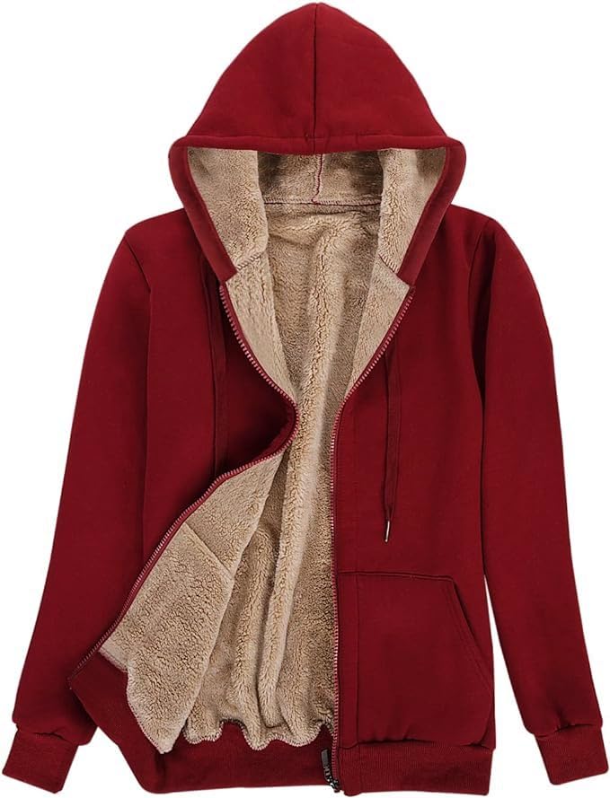 AOTORR Ladies Winter Warm Coats Womens Plain Full Zip Fleece Lined Hoodie Jacket Wine Red X-Large