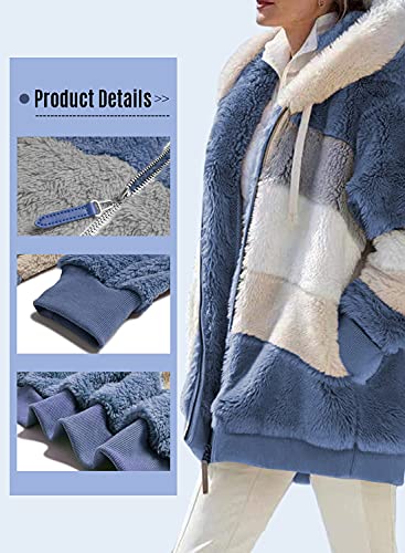Dokotoo Womens Winter Warm Sherpa Jacket Color Block Zipper Outwear Coats Open Patchwork Hood Cardigan Blue XX-Large, UK Size 20-22