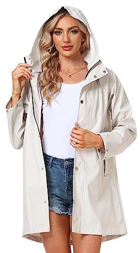 UNIQUEBELLA Raincoat for Women Outdoor Hooded Jacket Rain Jackets Waterproof Breathable Windbreaker-Beige