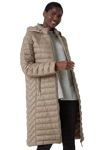 Roman Originals Women Padded Longline Coat with Hood - Ladies Zip Through Autumn Winter Long Length Lightweight Quilted Warm Cosy Everyday Zip Up Casual Jackets Coats - Natural - Size 20