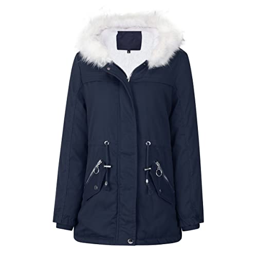 YYNUDA Women Winter Parka Coat Fur Collar Hooded Jacket Warm Windproof Padded Outwear Blue L