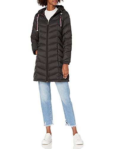 Tommy Hilfiger Women's Mid Length Packable Down Chevron Quilt Coat, Black, S