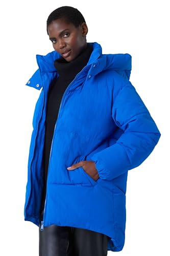 Roman Originals Oversized Padded Hooded Coat For Women UK - Ladies Everyday Autumn Winter Funnel Neckline Comfy Soft Evening Vacation Work Party Night Out - Blue - Size 18