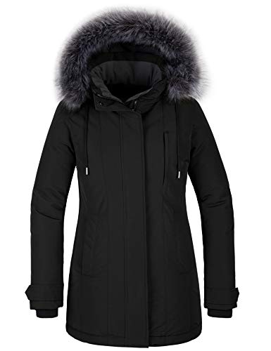 CHIN·MOON Women's Warm Puffer Jacket Waterproof Winter Coat Windproof Down Jacket with Hood Outdoor Parka Jacket Mid Length Thicken Overcoat with Faux Fur Hooded Black S