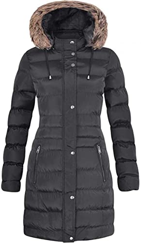 Spindle Womens Long Fur Trimmed Hooded Padded Puffer Parka Ladies Winter Jacket Coat (Black, 12)