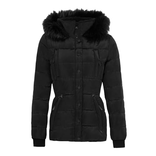 Spindle Womens Hooded Short Fur Trimmed Parka Quilted Puffer Coat |4 Zip Pockets| Sherpa Borg Lining| Ladies Short Coat Black - Henrietta 16