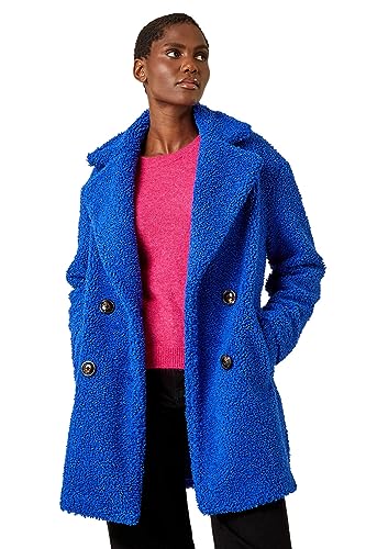 Roman Originals Teddy Coat For Women UK Ladies Borg Faux Fur Coatigan Lined Casual Soft Fluffy Fleece Texture Oversized Longline Warm Cosy Winter Jacket Thick Cardigan - Royal Blue - Size 10