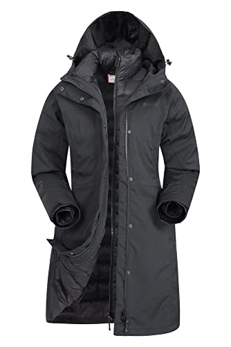 Mountain Warehouse Alaskan Womens 3 In 1 Long Jacket - Waterproof, Breathable & Adjustable Raincoat with Detachable Inner Coat & Taped Seams -For, Rain & Outdoors Jet Black 14