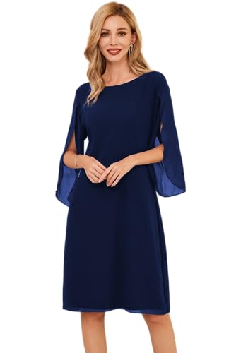 GRACE KARIN Women Formal Chiffon Wedding Guest Dresses 3/4 Sleeve Cocktail Party Dress for Summer Size 18 Navy Blue