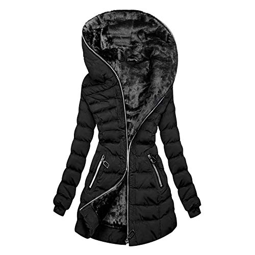 Womens Coats Sale Clearance Fleece Lined Hooded Jacket Quilted Ladies Parka Coat Mid Length Zipper Outdoor Outwear Tops Plain Outdoor Cotton Thick Warm Padded Winter Coat UK Size 8-16
