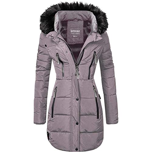 Spindle Womens Designer Long Fur Parka Hooded Jacket Quilted Winter Padded Coat Zip Pockets (S, Grey Hooded)