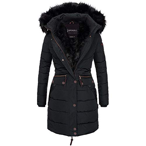 Spindle Women’s Designer Warm Winter Parka Quilted Hooded Long Coat Jacket- Fleece Lined Body Zip Pockets UK 20/ US 18/ AUS 22/ EU 48/ 2XL Black