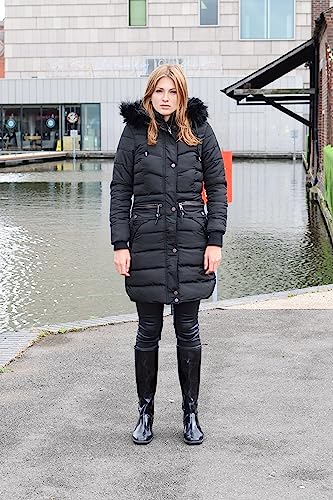 Spindle Women’s Designer Warm Winter Parka Quilted Hooded Long Coat Jacket- Fleece Lined Body Zip Pockets UK 20/ US 18/ AUS 22/ EU 48/ 2XL Black