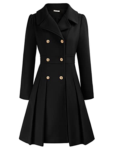 GRACE KARIN Wool Blends Double-Breasted Coat Buttons Up Black Long Puffed Sleeve Trench Coat Outfit for Women M