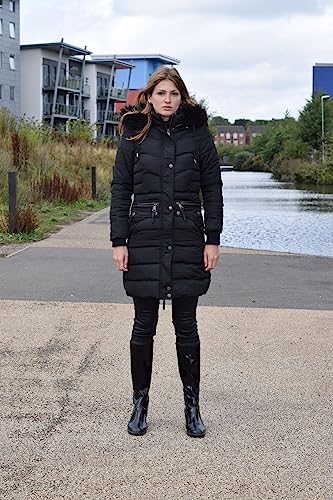 Spindle Women’s Designer Warm Winter Parka Quilted Hooded Long Coat Jacket- Fleece Lined Body Zip Pockets UK 20/ US 18/ AUS 22/ EU 48/ 2XL Black